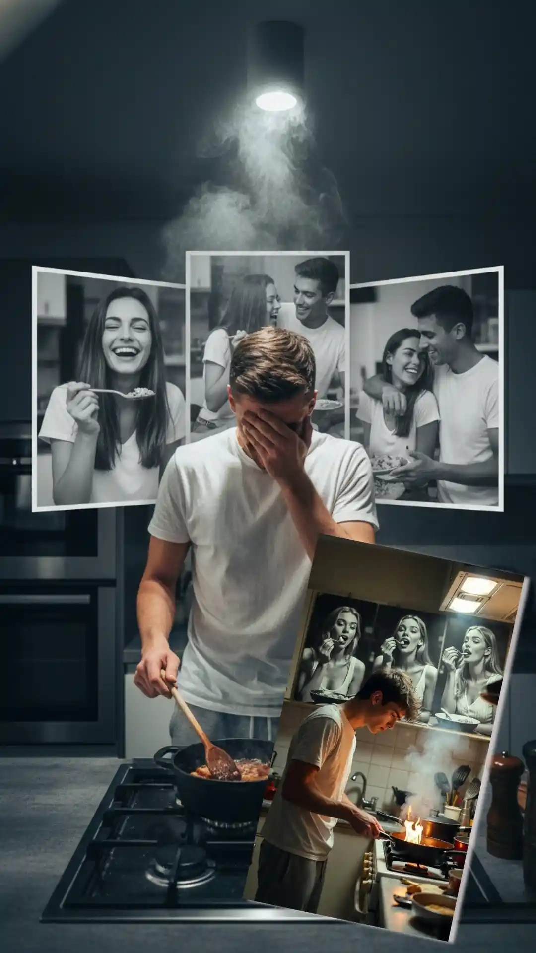 Grok Cinematic storytelling kitchen cooking with multiple exposure memory photography overhead lighting