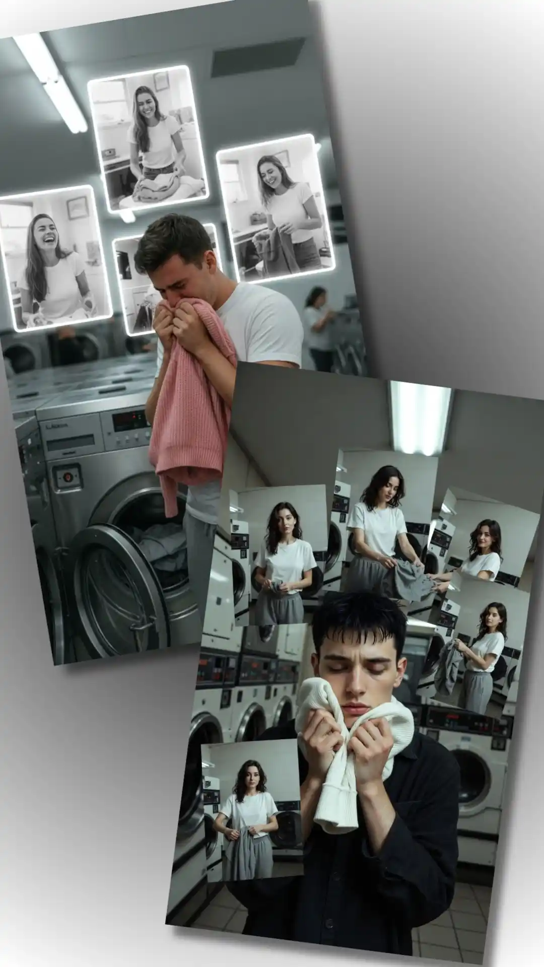 Grok AI Double exposure photography laundromat grief with sensory memory photography fluorescent lighting