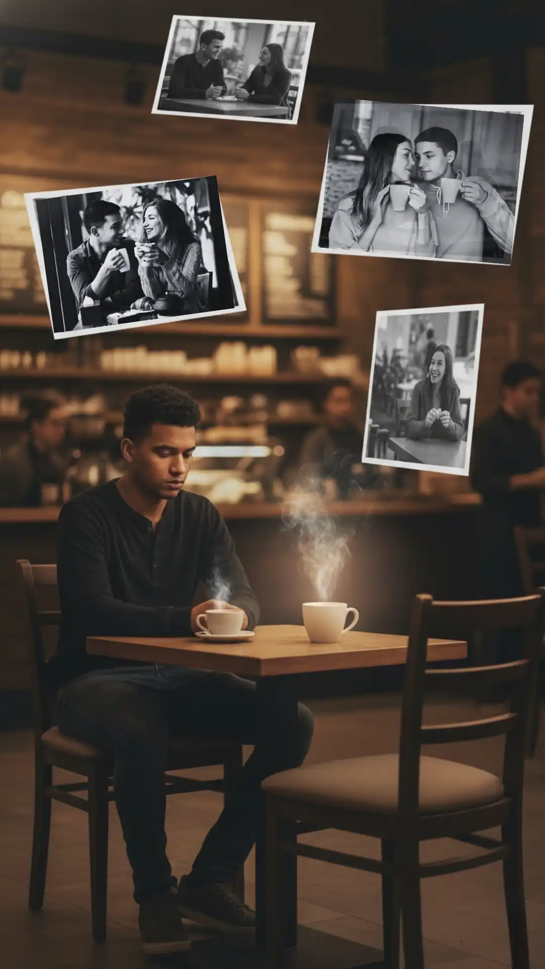 Grok Haunted space photography coffee shop with relationship ritual storytelling warm cafe lighting