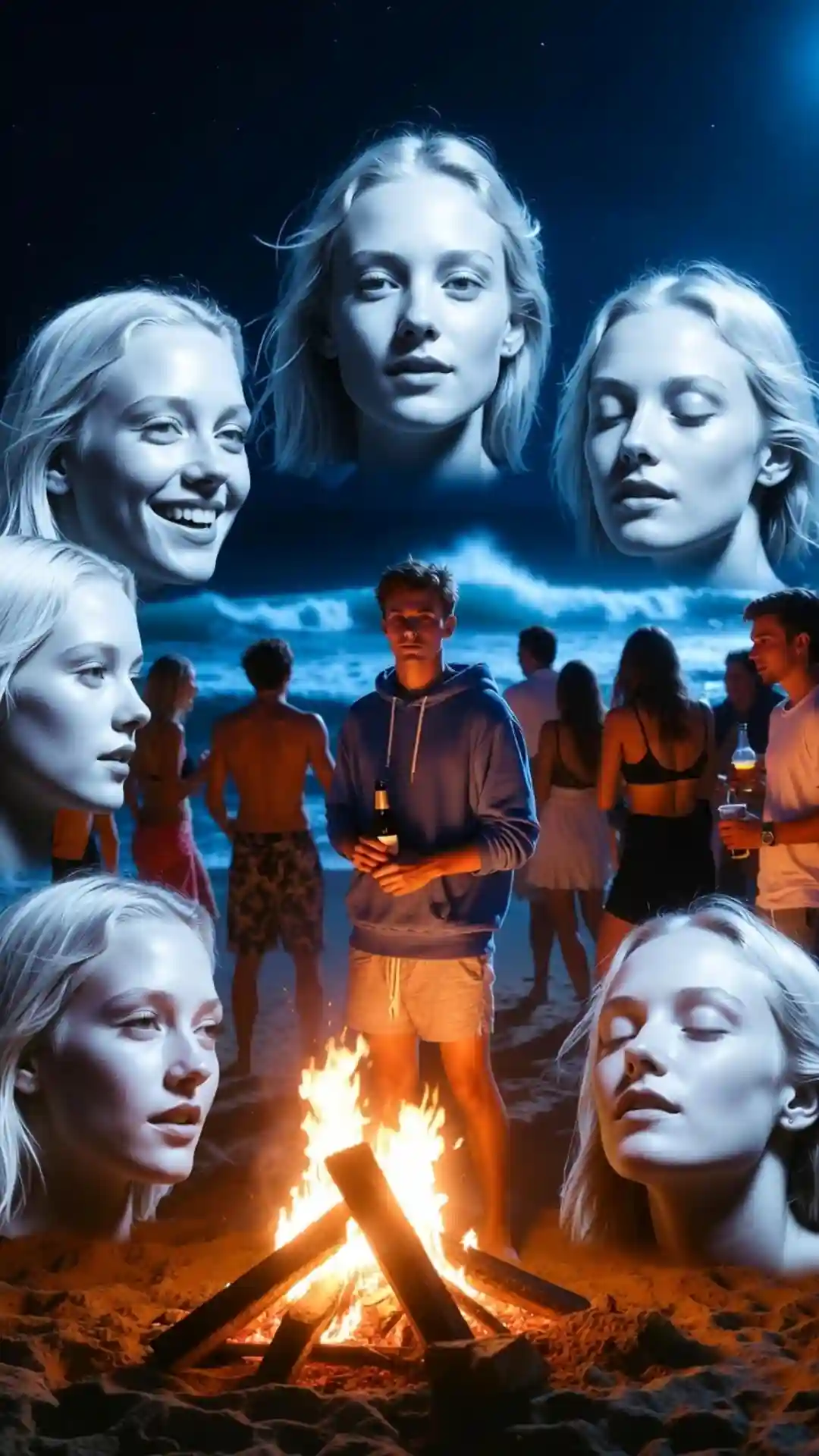 Grok Long exposure memory beach bonfire with monochrome ghost imagery orange glow blue moonlight