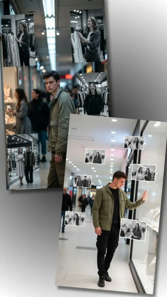 Grok Multiple exposure memory photography mall shopping with monochrome ghost imagery bokeh shoppers