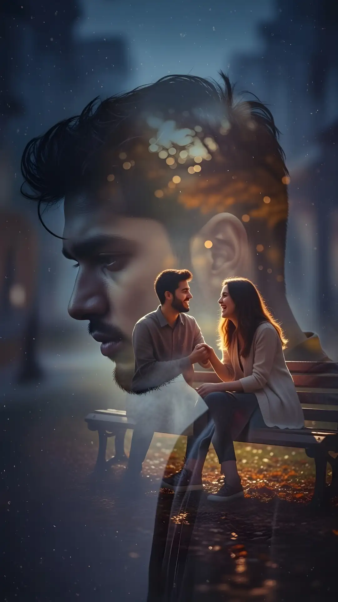 This signature Gemini Prompt masters Gemini AI Prompt Cinematic Sad Boy Double Exposure, blending melancholic profiling against fading Love Failure Photos (park bench memory).