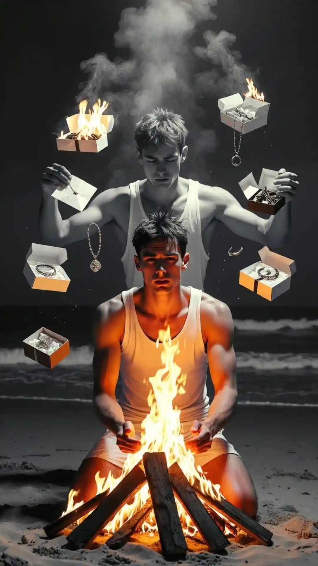 breakup image prompts of man burning gifts in cinematic heartbreak scene at beach