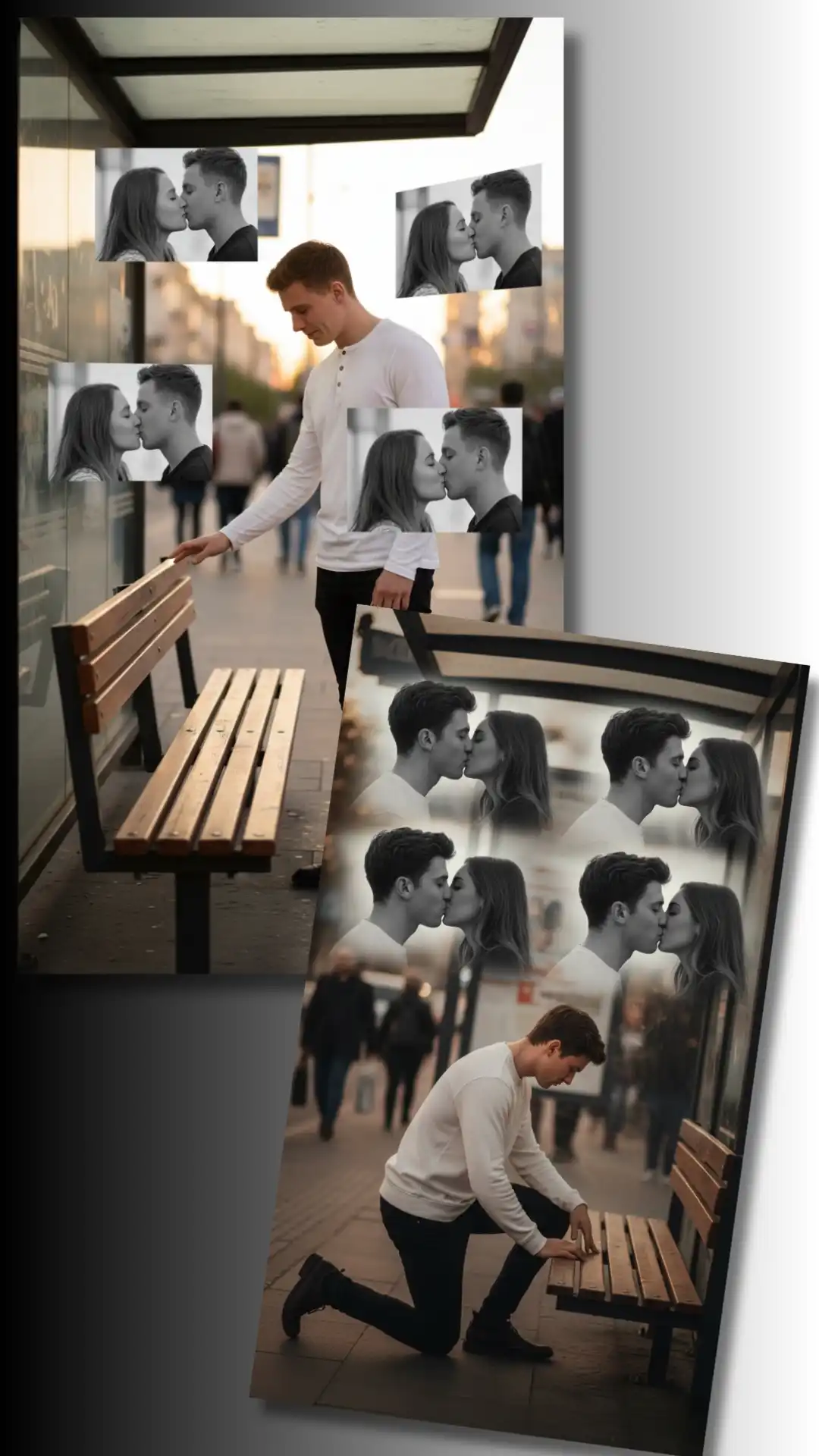 breakup image prompts showing man remembering first kiss in monochrome to color transition style
