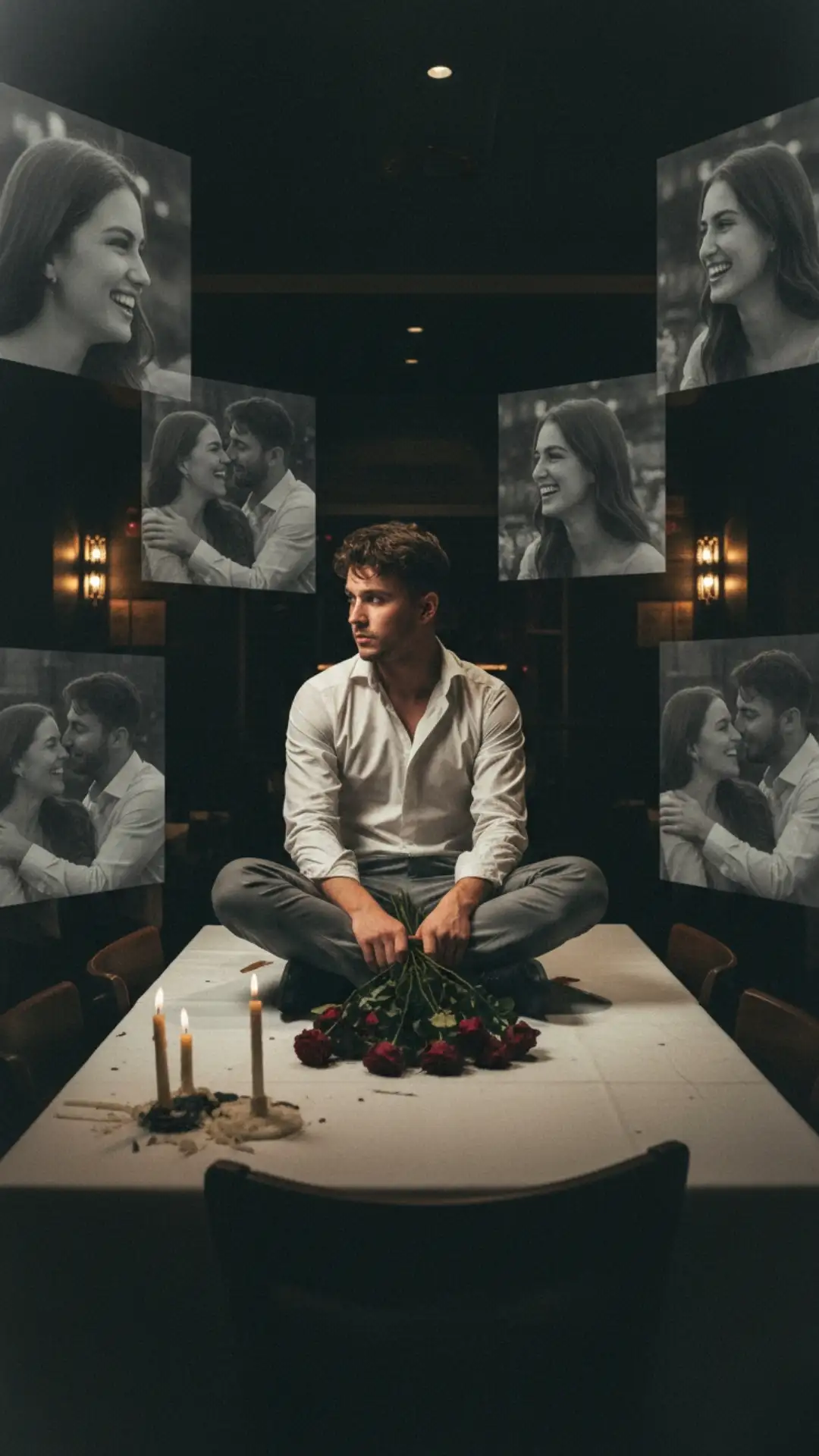 breakup image prompts of man alone at anniversary table with emotional comparison scenes