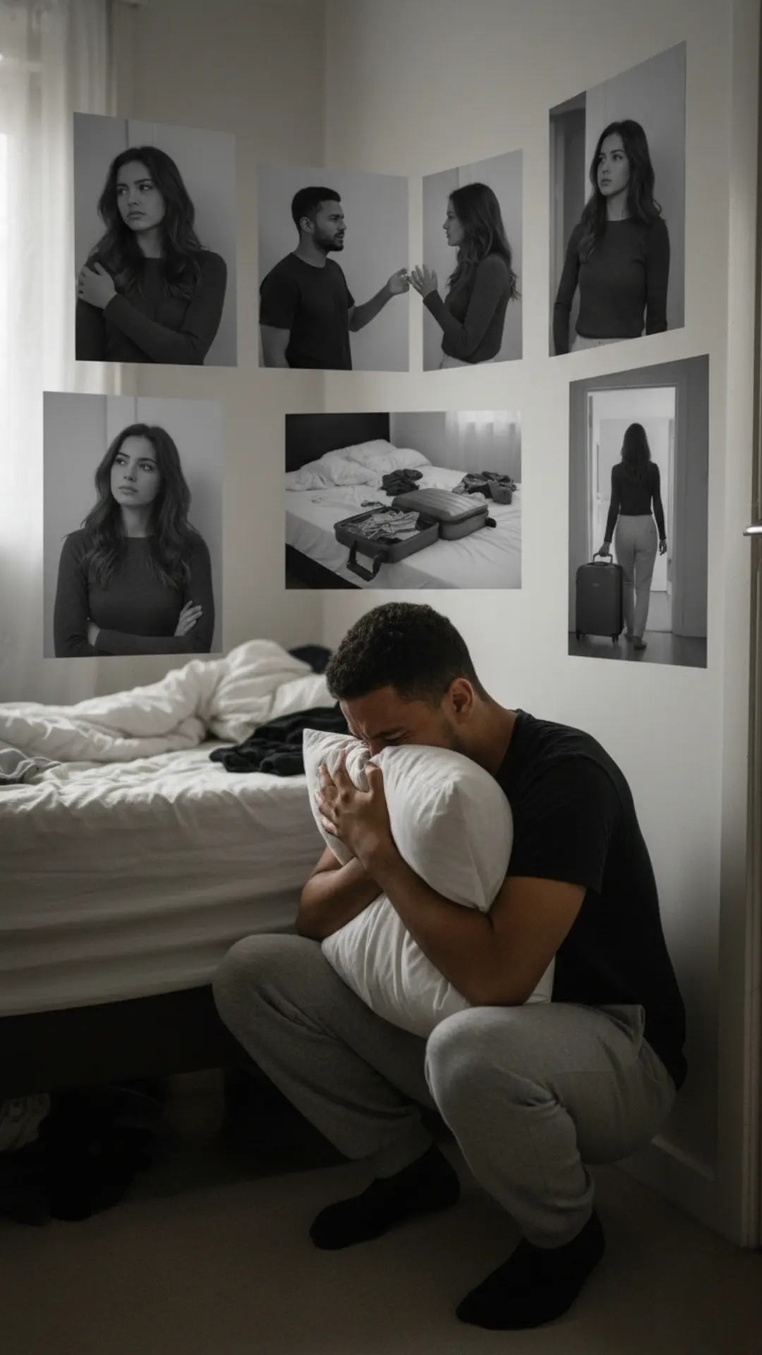 breakup image prompts showing man crying in bedroom clutching pillow in photorealistic heartbreak scene