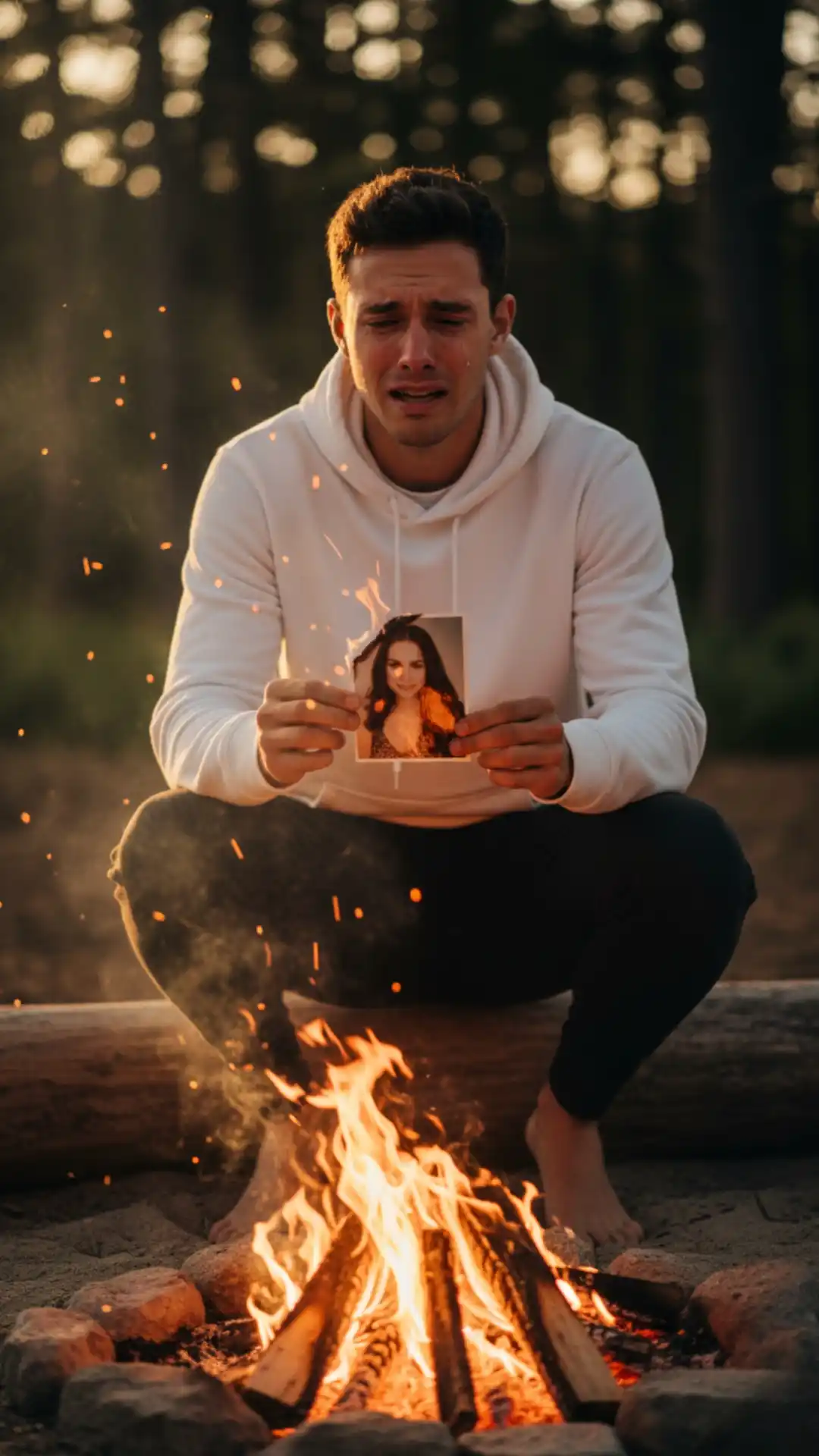 Grok AI image editing prompt campfire photo burning with emotional photography tears