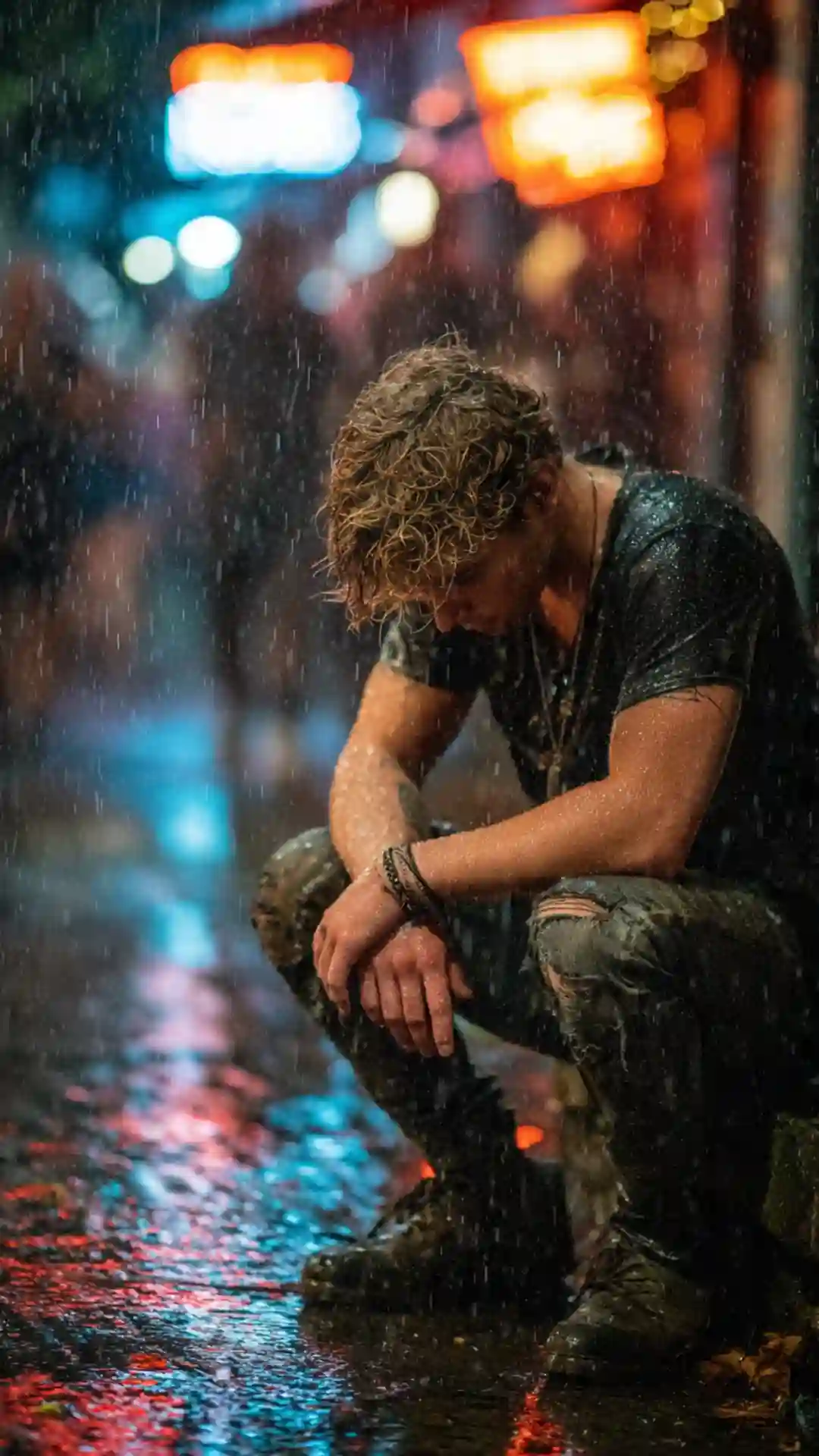 Grok AI image editing prompt rain soaked curb crying with moody atmospheric lighting