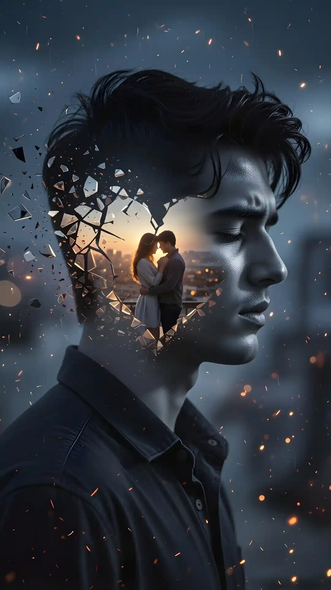 This conceptual Gemini Prompt shows How to Create Sad Boy Double Exposure Photo AI using a cracked heart to reveal memory, resulting in viral Sad Boy Pic HD quality.