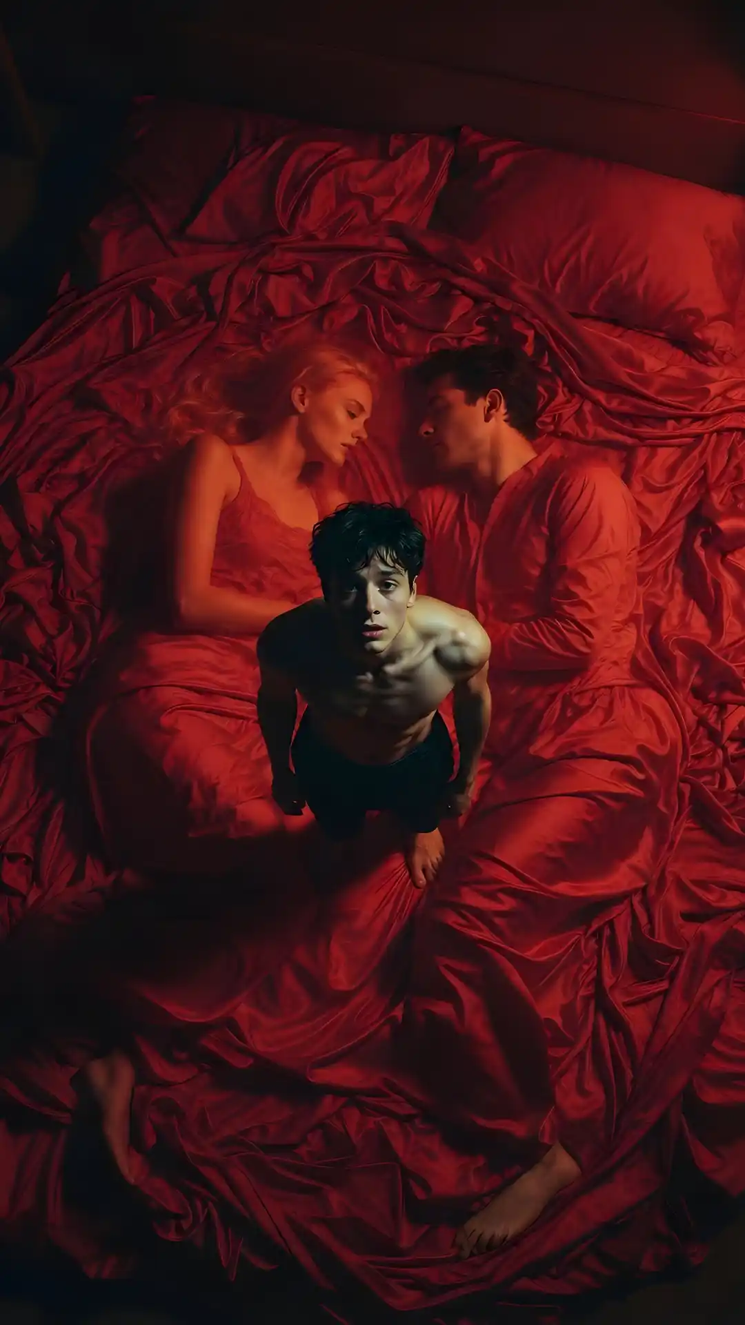 We provide high-quality Gemini Prompt for a raw Top Down Sad Boy Photo Editing Prompt of a man standing on a sheet of betrayal, creating dramatic Love Failure Photos.