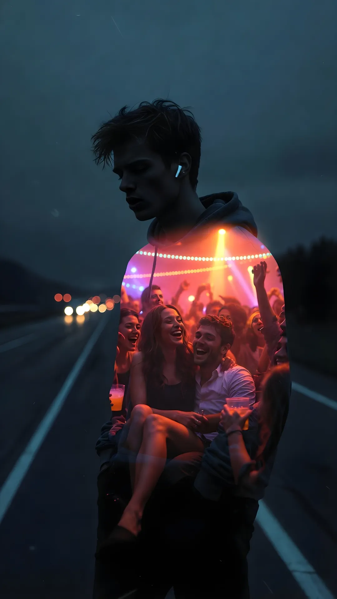 This symbolic Gemini Prompt is a perfect Alone Boy Prompt for Gemini photo, contrasting the boy's lonely highway walk with the cozy party betrayal for a unique Sad Boy Dp.