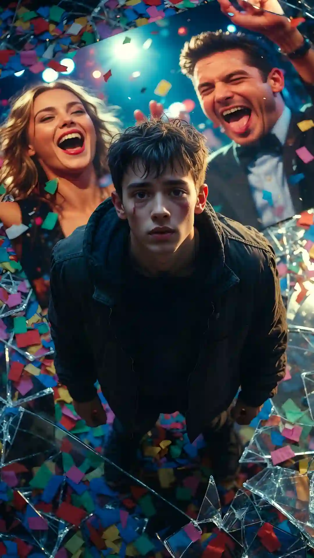 This Gemini Prompt is a top Trending Gemini AI Sad Boy Prompt using the motif of isolation on shattered glass for dramatic Cinematic Photo Prompt results.