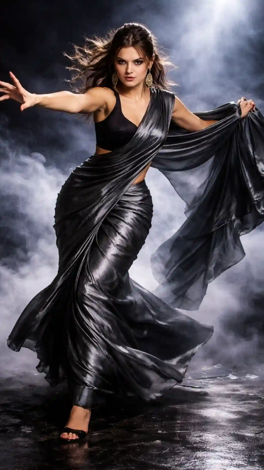 Best grok ai photo editing prompts for American model girls cinematic fashion photography with charcoal grey silk saree dramatic lunge theatrical fog grok image editing storm power elemental force women influencers