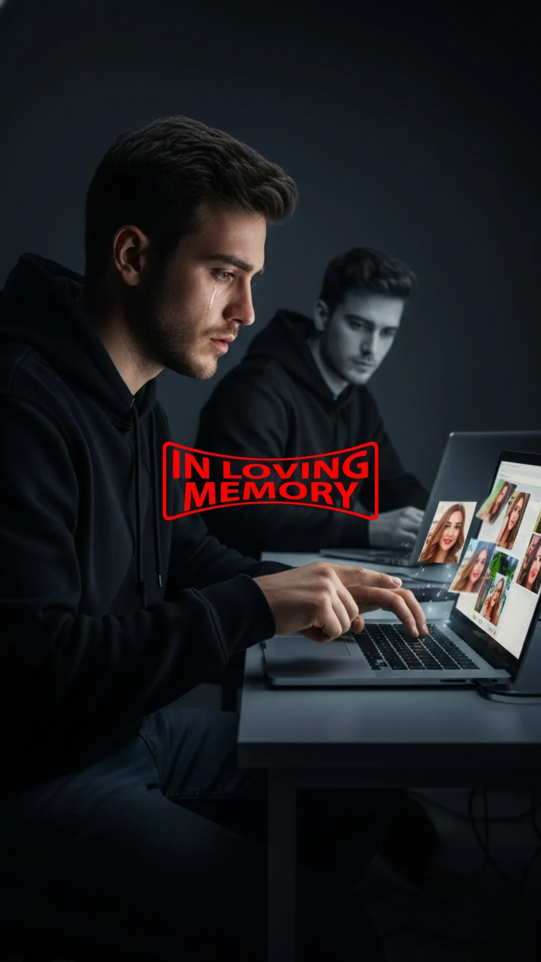 breakup image prompts showing man deleting girlfriend photos from laptop in photorealistic heartbreak scene