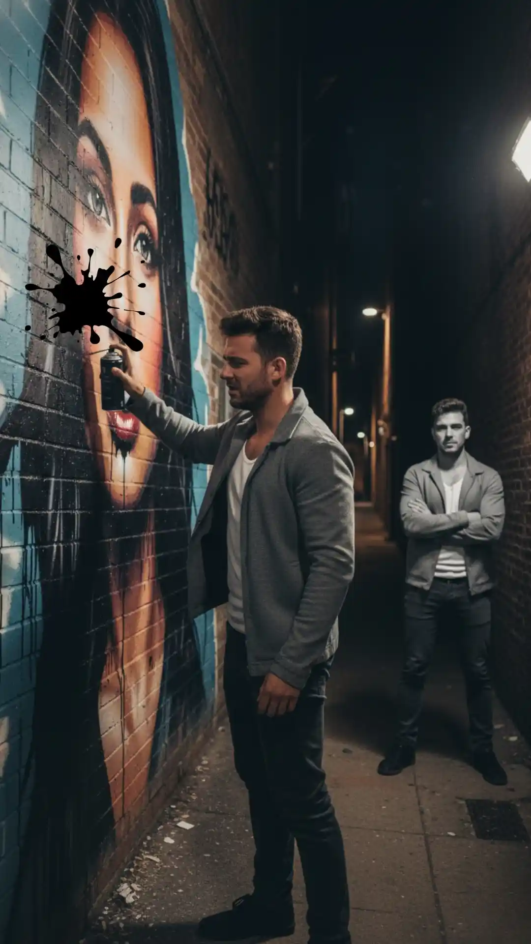 breakup image prompts showing man erasing mural of girlfriend in breakup narrative photography style
