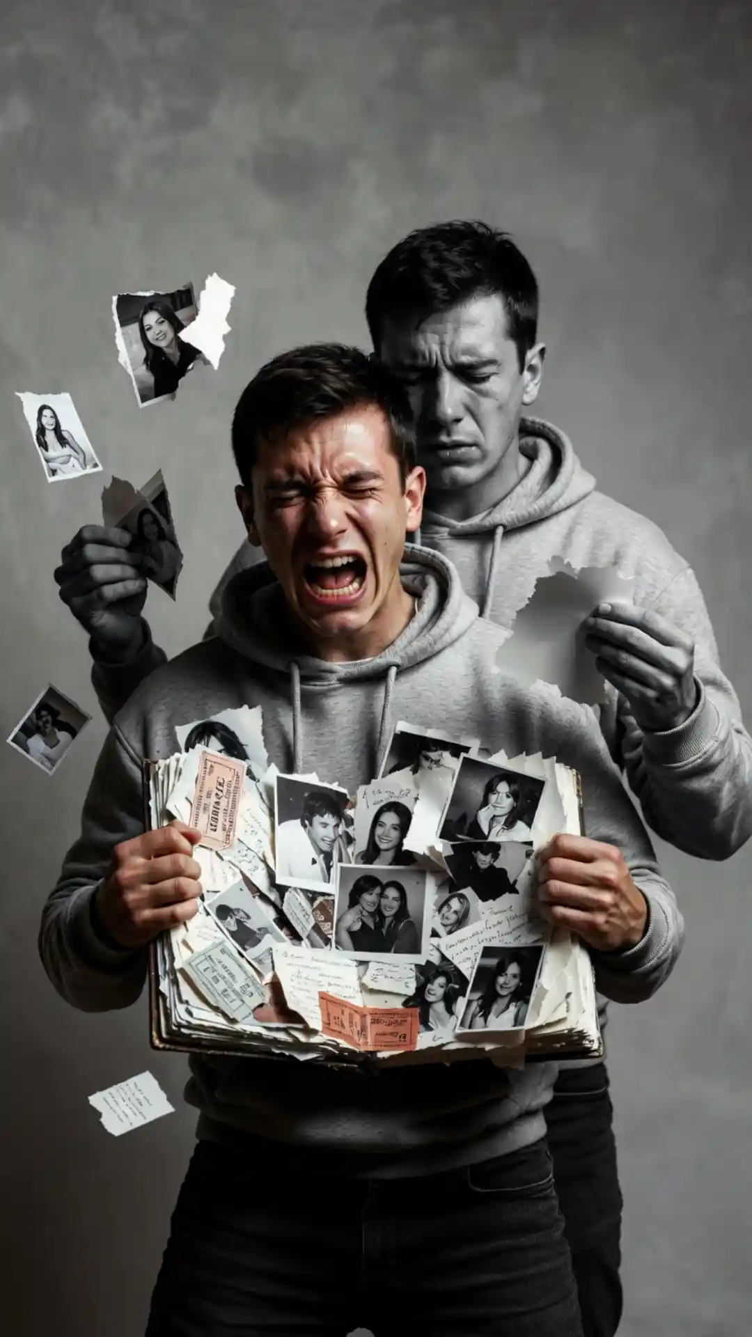 breakup image prompts showing man tearing scrapbook in photorealistic heartbreak scene using Grok Imagine