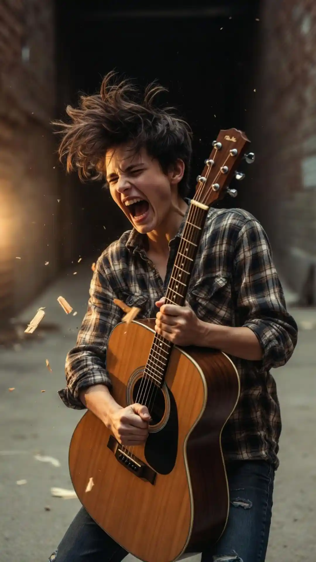 Grok AI photo editing prompt guitar smashing with therapeutic release action photography