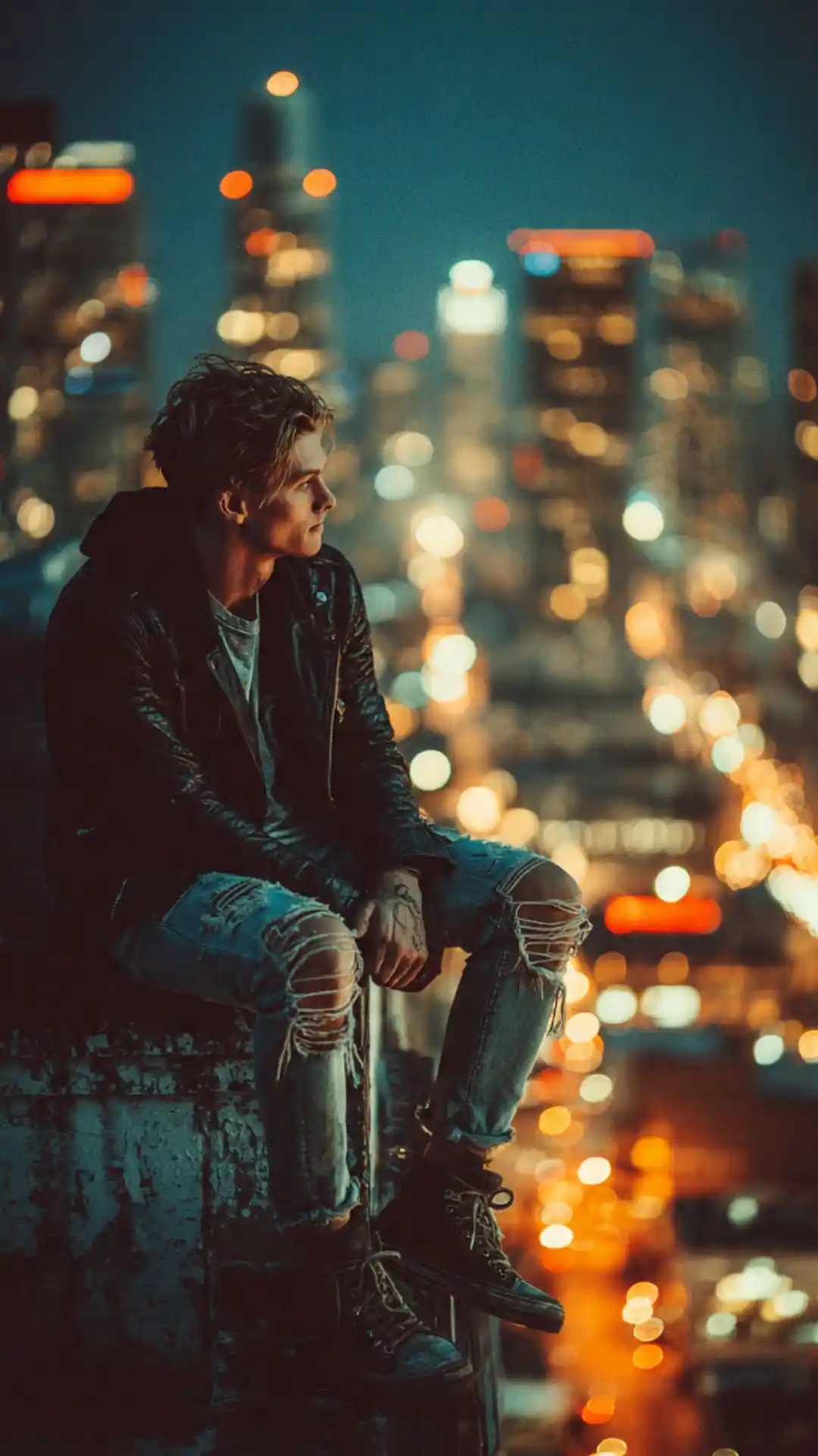 Grok AI photo editing prompt rooftop contemplation with dramatic night lighting urban photography