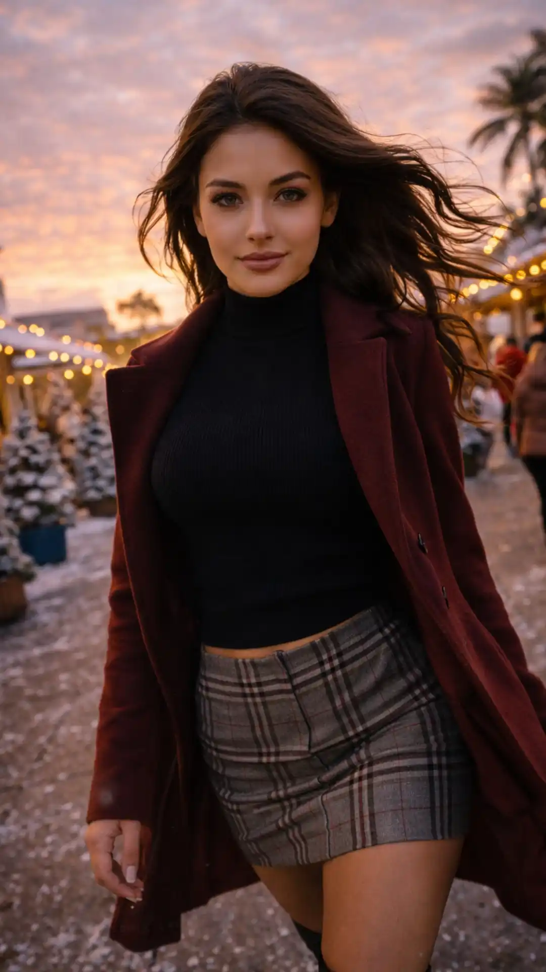 Grok AI image creation winter fashion photography prompts burgundy coat tracking shot