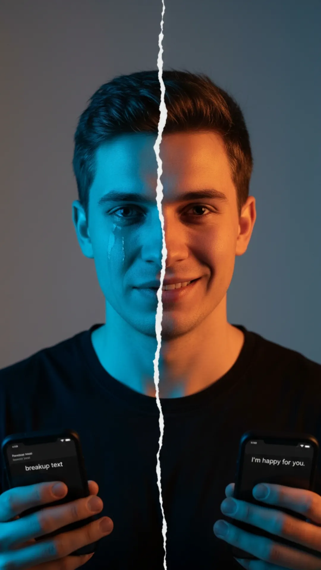 Grok Split lighting photography torn photo with split-face emotional duality split gel lighting
