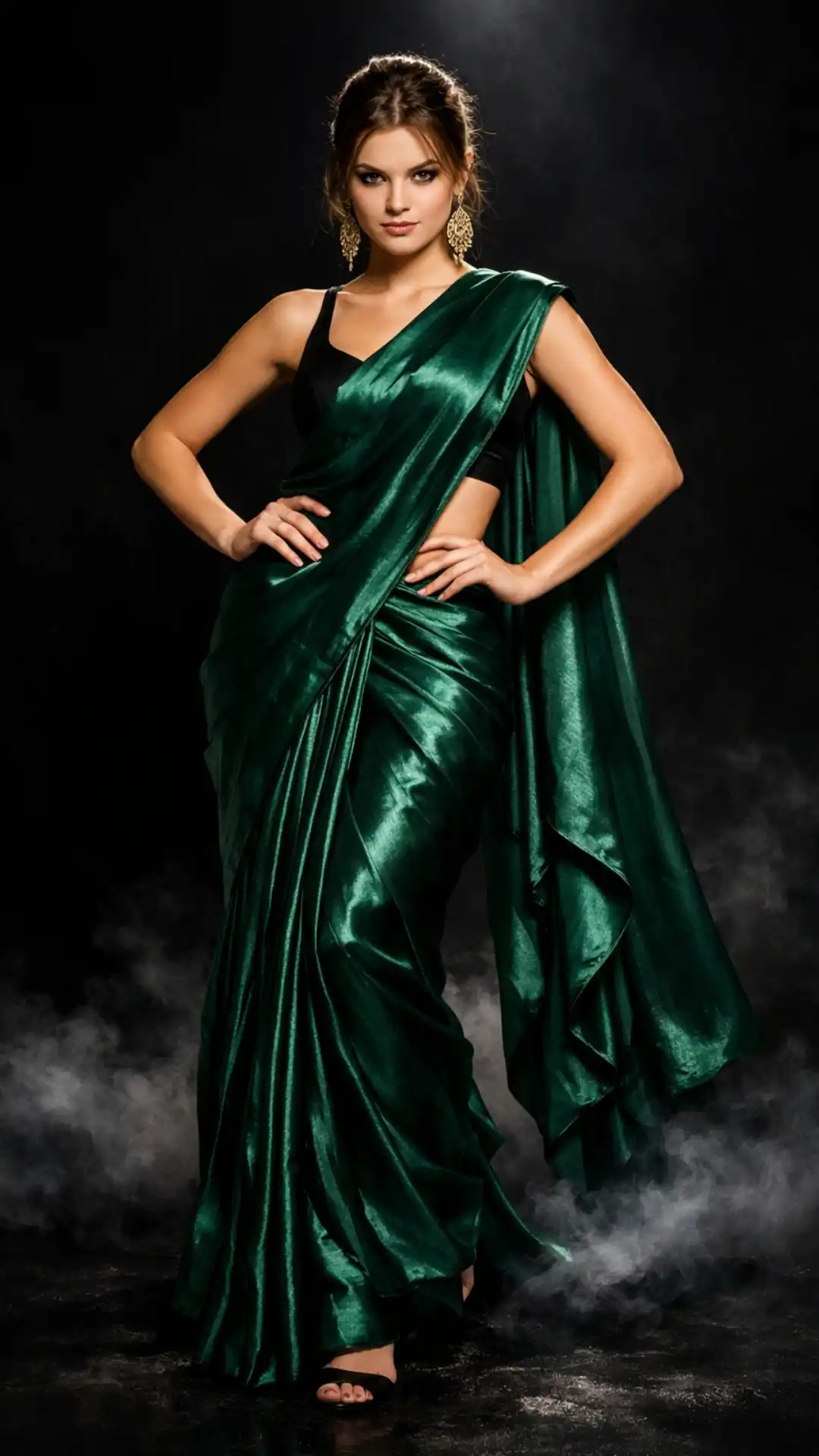 Top grok ai photo editing prompts for American girls and women fashion influencers creating dramatic silk saree editorial portraits with emerald green fabric bold studio photography grok image creator professional shots