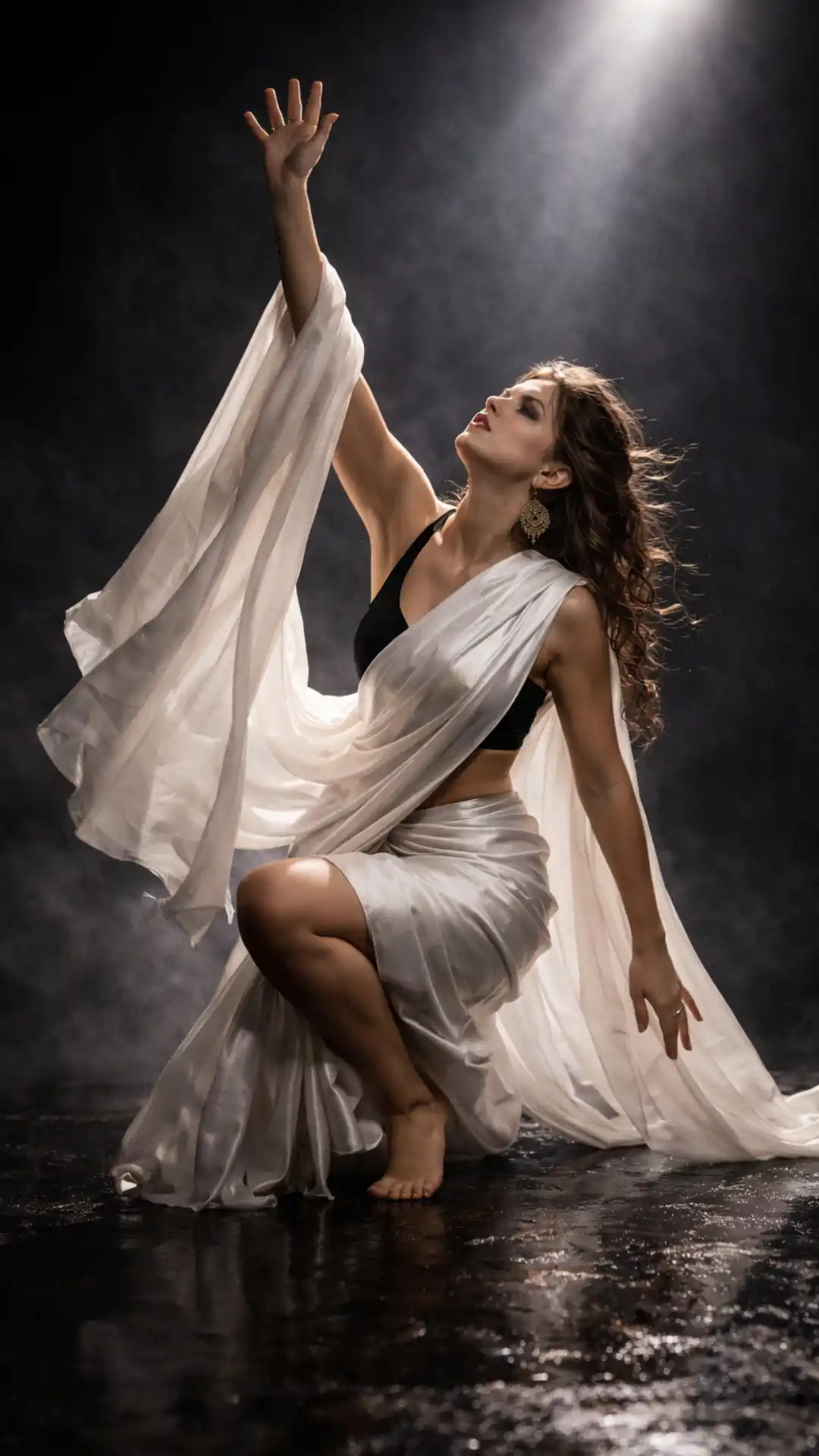 Top grok ai photo editing prompts for American model girls and women influencers emotional fashion photography pristine white silk saree reaching upward hope symbolism grok surreal art prompts desperate longing content