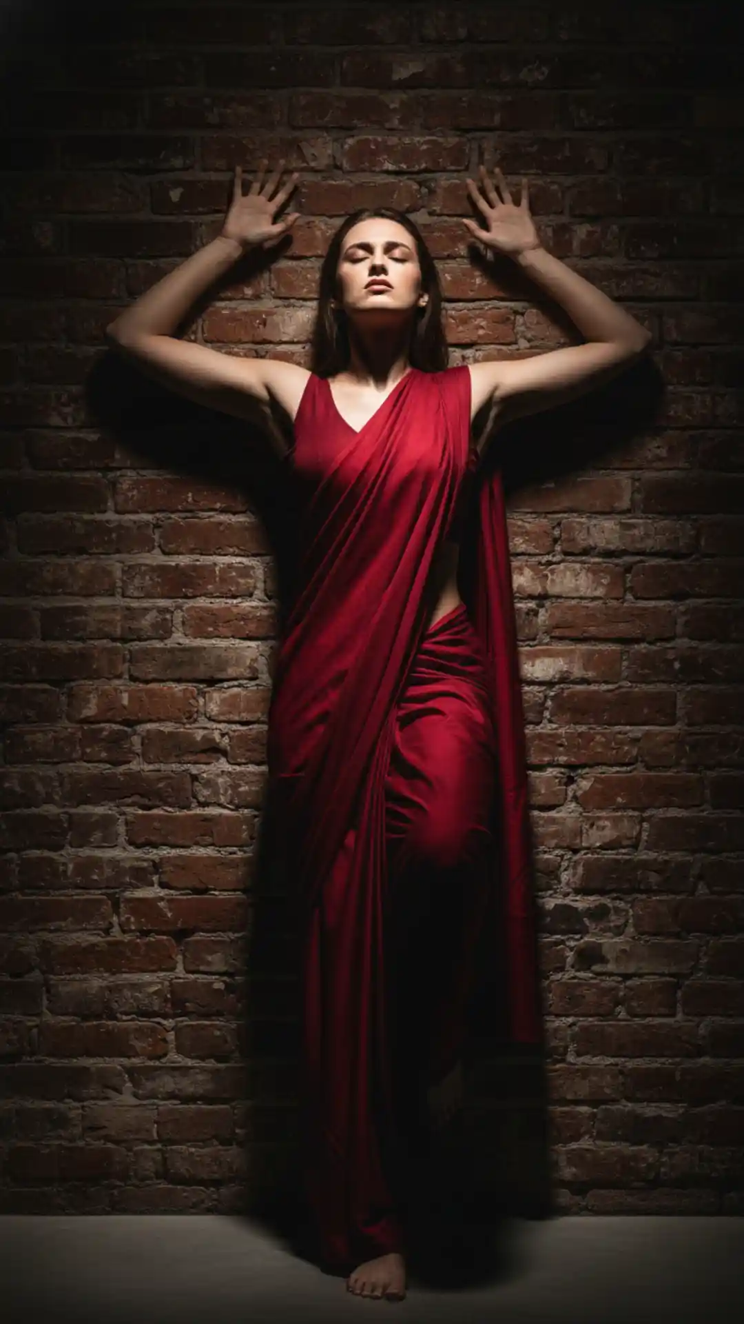 Trending grok ai photo editing prompts for American girls and women influencers raw emotional fashion photography crimson silk saree rebellion mood rough brick wall grok ai image creator defiance storytelling content