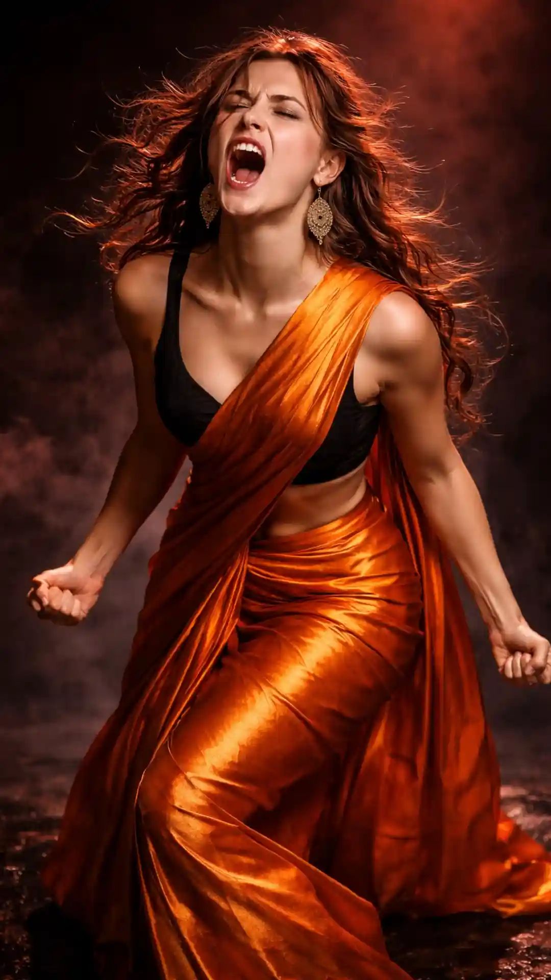 Trending grok ai photo editing prompts for American girls and women bloggers visceral fashion photography brilliant orange silk saree mid-scream fury grok fashion photography prompts intense pent-up anger shots influencers