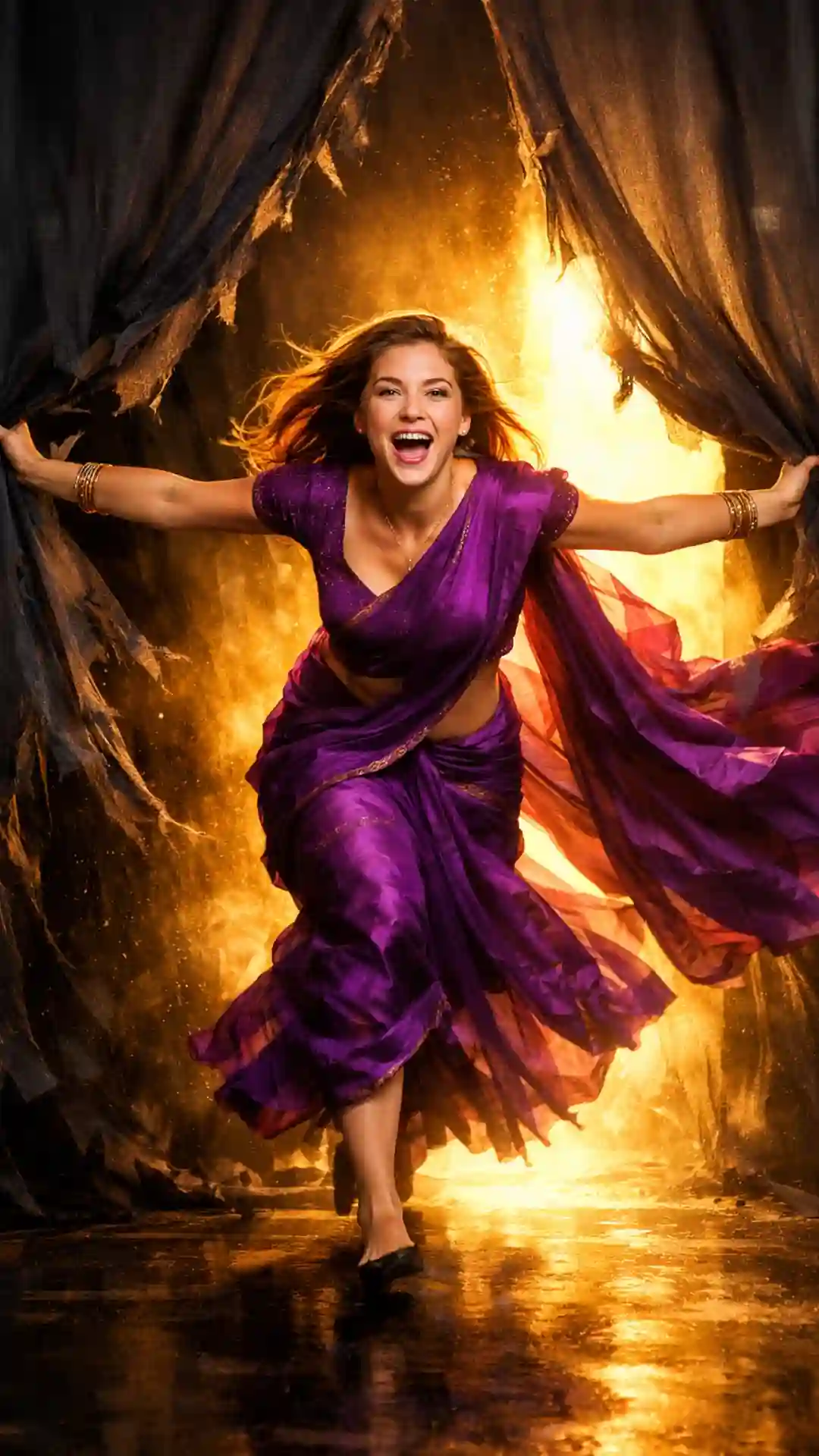 Viral grok ai photo editing prompts for American girls and women content creators triumphant fashion photography purple silk saree breaking through dark curtains grok image ai transformation content golden light