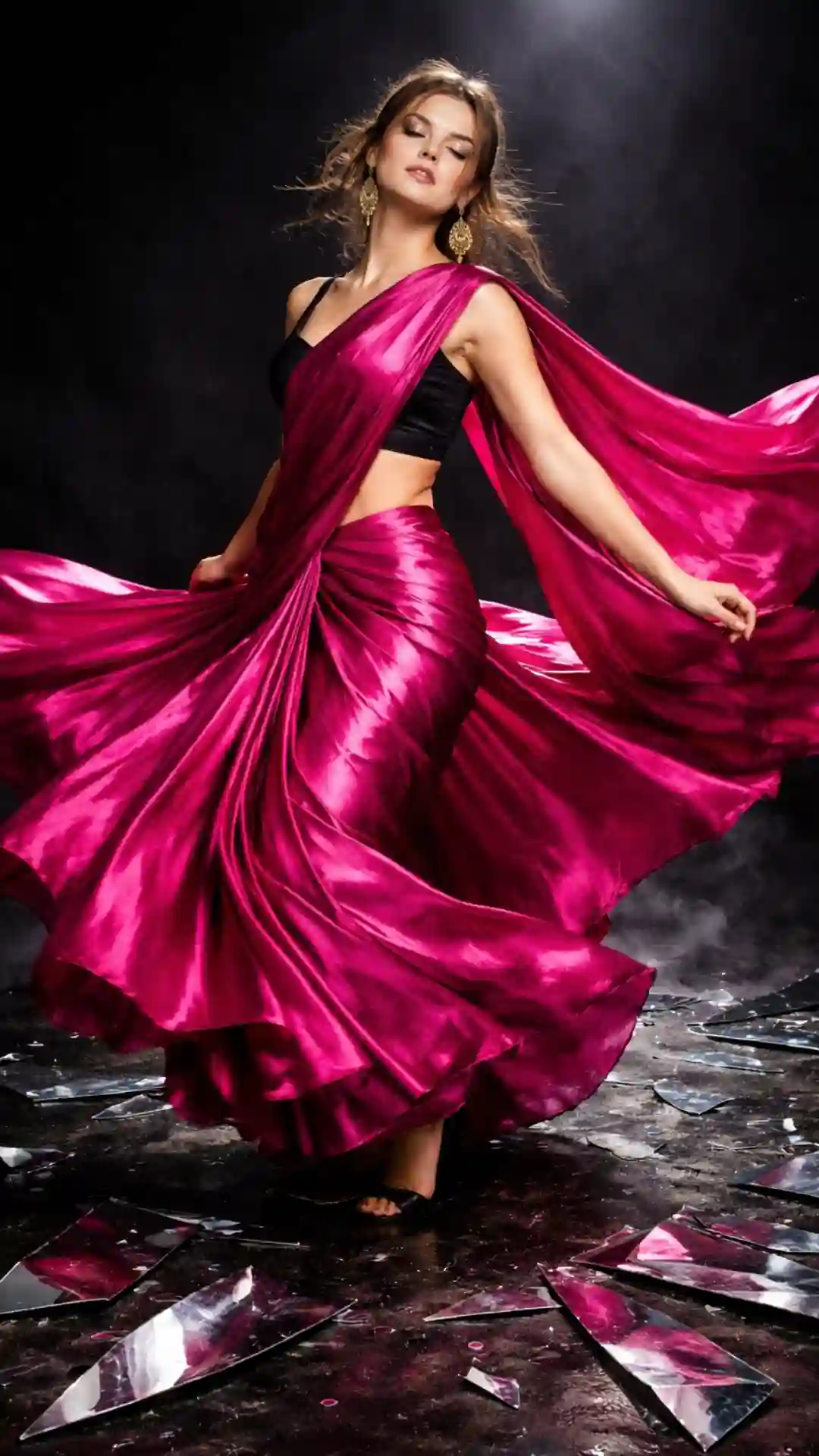 Viral grok ai photo editing prompts for American women and girl influencers emotional fashion photography featuring fuchsia pink silk saree mid-twirl motion broken mirror reflections grok ai image generation dynamic storytelling content creators