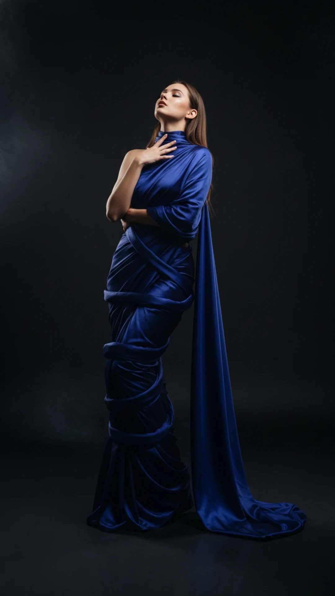 Viral grok ai photo editing prompts for American women and girl models graceful fashion photography deep indigo blue silk saree serpent coils winding pose grok flux image examples powerful editorial shots influencers