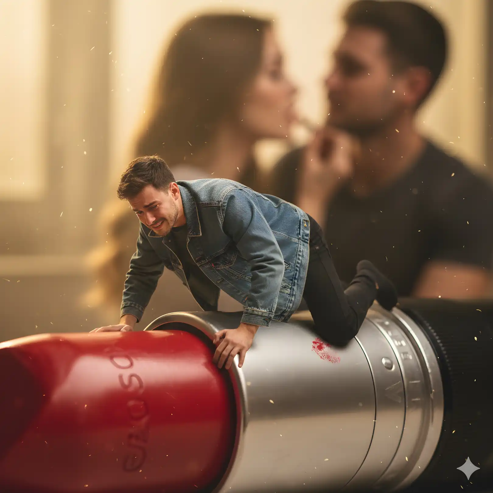 Award-winning alone boy prompt for Gemini for love failure photo editing, featuring a sad man on a lipstick tube.