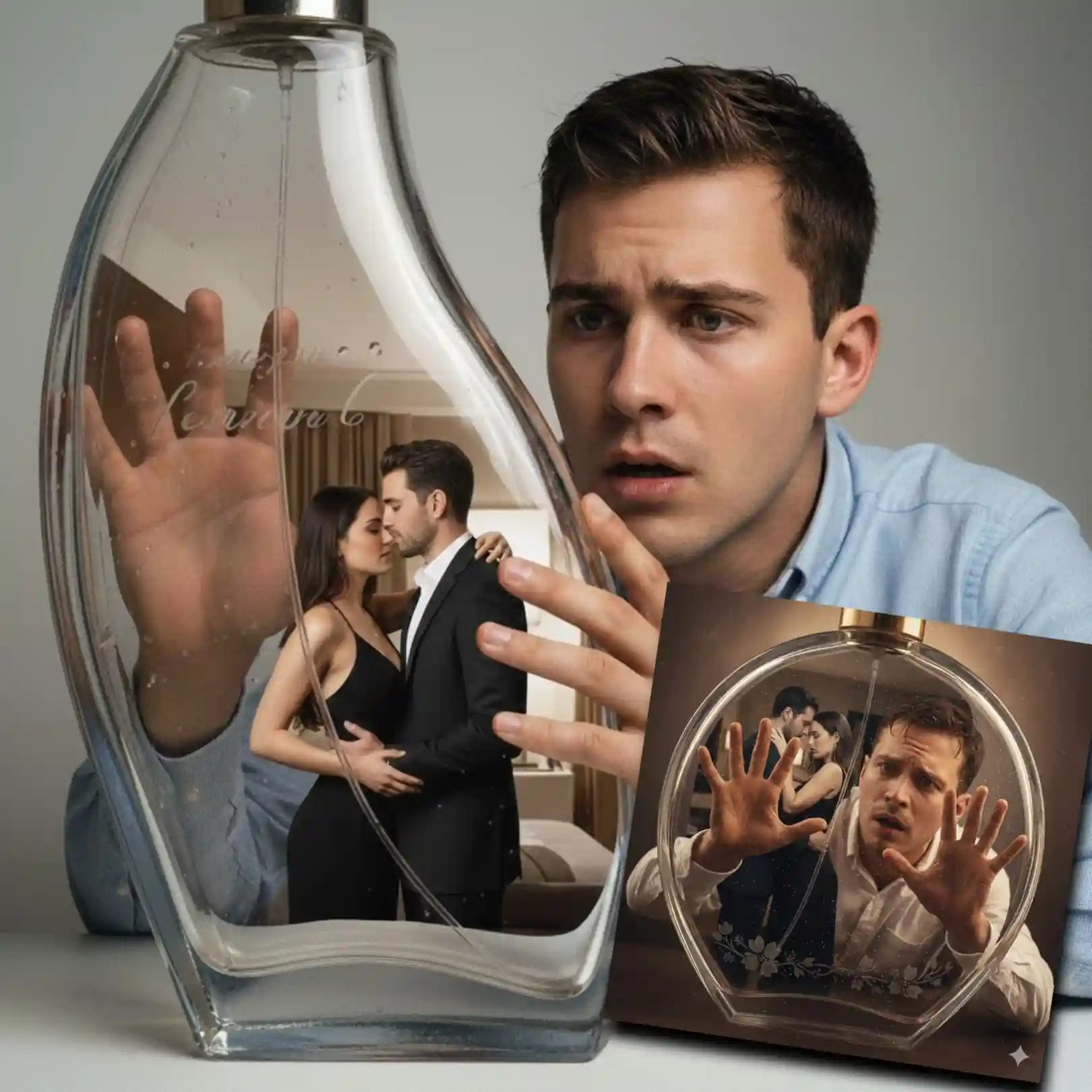 Award-winning alone boy prompt for Gemini with high Prompt for Gemini AI boy attitude, featuring a man on a perfume bottle.
