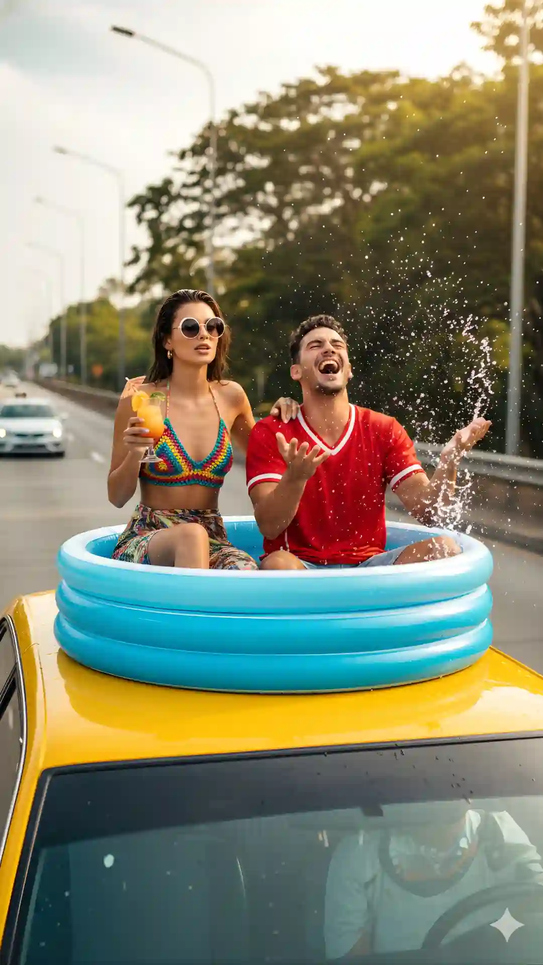 Trending Gemini AI prompt for vertical 9:16 image prompts for Gen Z lifestyle storytelling on a taxi roof.