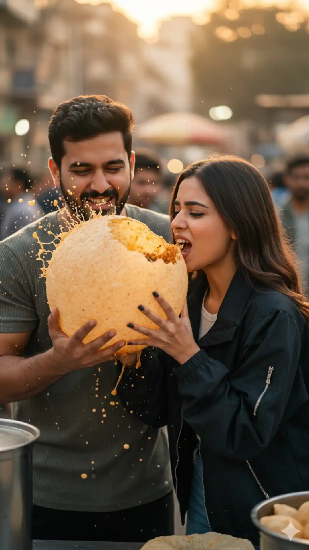 Trending Gemini Gen Z couple Prompt for urban surrealism photography and giant pani puri street food.