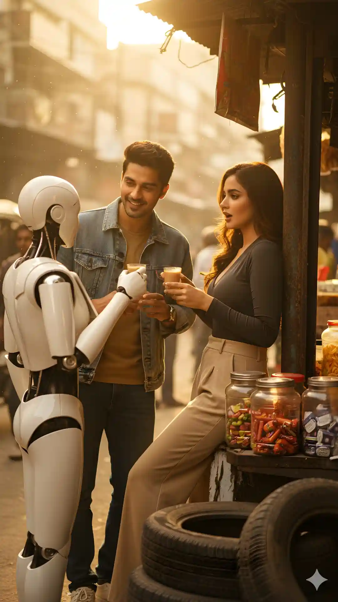 Trending Gemini AI Aesthetics prompt for authentic Gen-Z vibe robot chai stall interaction.