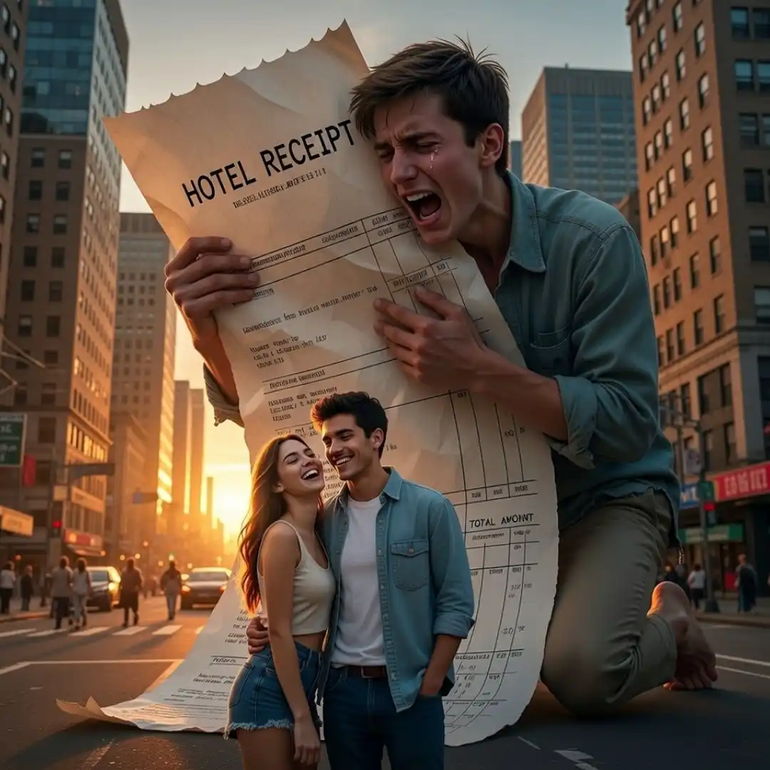 Best love failure AI prompt for miniature man image showing devastation on a massive receipt. Focus on Alchemy to become Invincible.