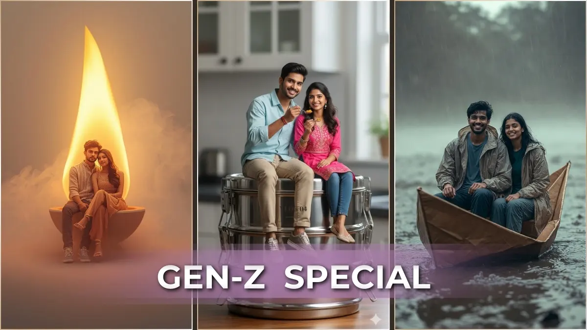 Best surreal prompts for couple with Authentic Gen-Z Vibe VIRAL Gemini prompt inside diya flame Gen Z.