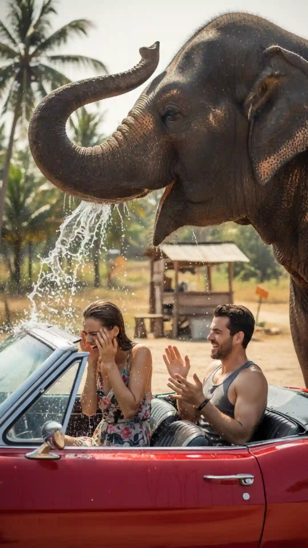 Best Gemini Gen Z couple Prompt for Urban surrealism photography featuring an elephant car wash.