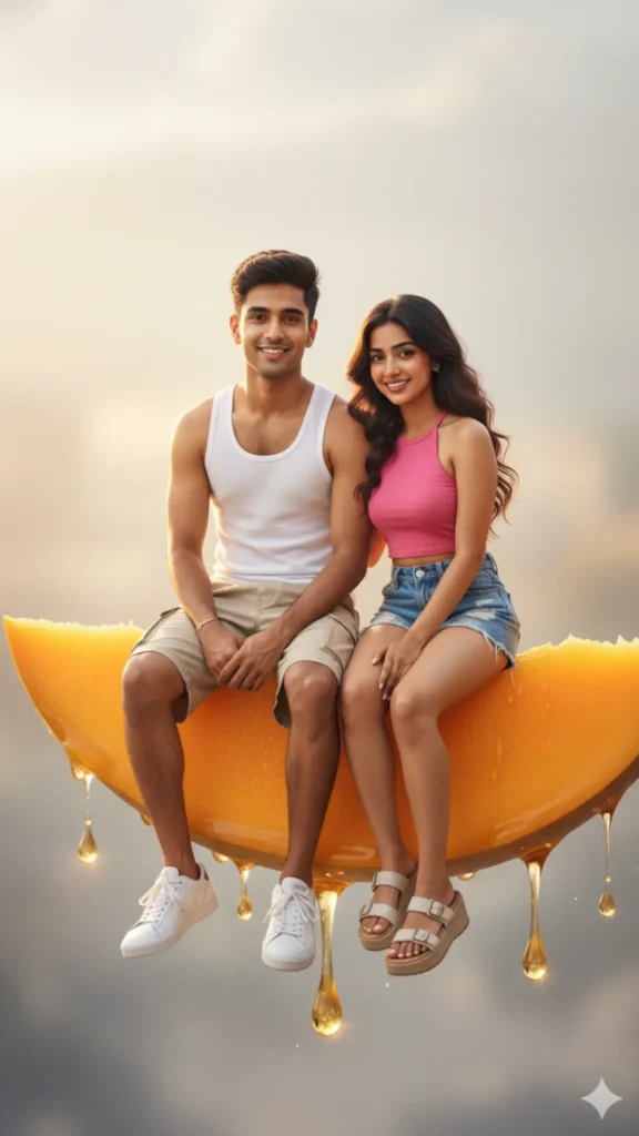 Best surreal prompts for couple and Giant man and tiny girlfriend AI prompt TOP Gemini prompt mango slice Gen Z.
