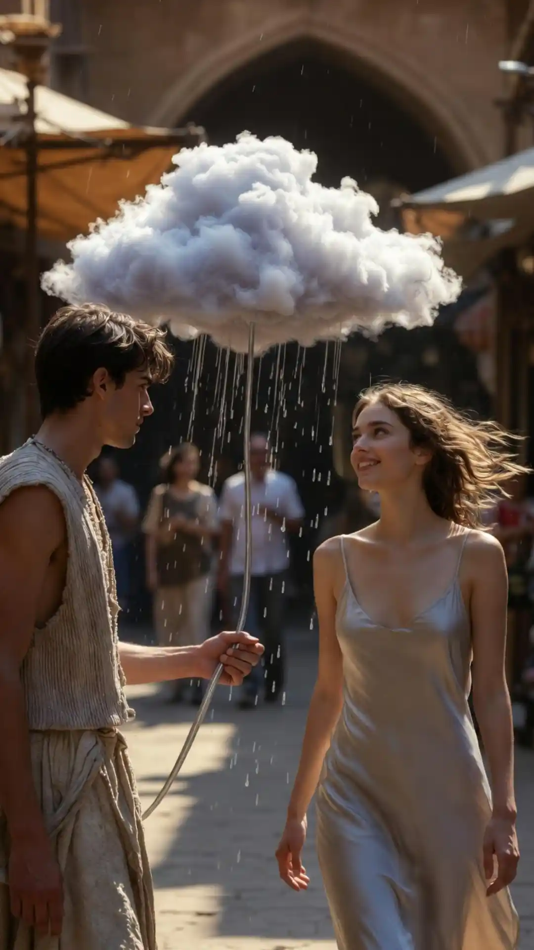 Best Gemini Gen Z couple Prompt for surrealist Gemini AI art featuring a rain cloud on a leash.