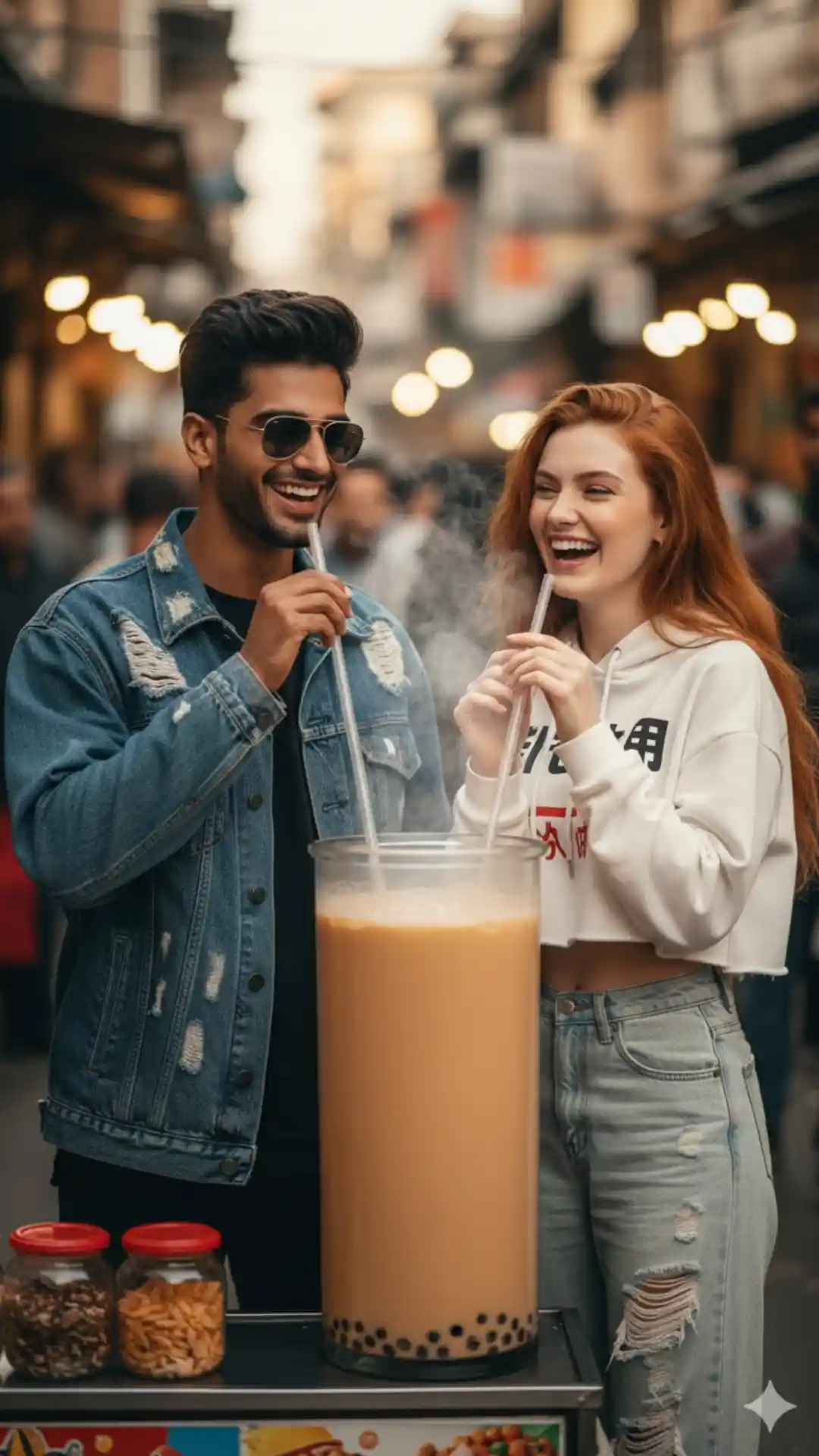 Trending Gemini Gen Z couple Prompt for vibrant Gen-Z palettes and authentic Gen-Z vibe milk tea.