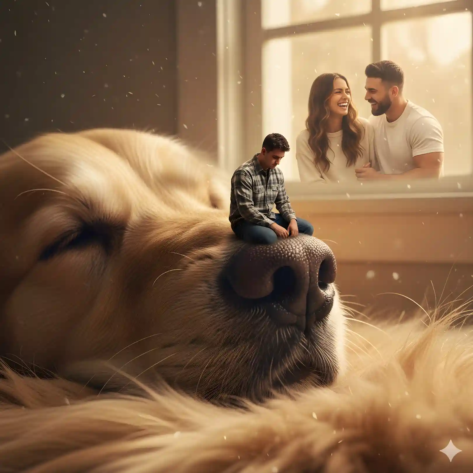 Trending alone boy prompt for Gemini macro shot with Prompt for Gemini AI boy attitude, showing heartbreak on a giant dog's nose.