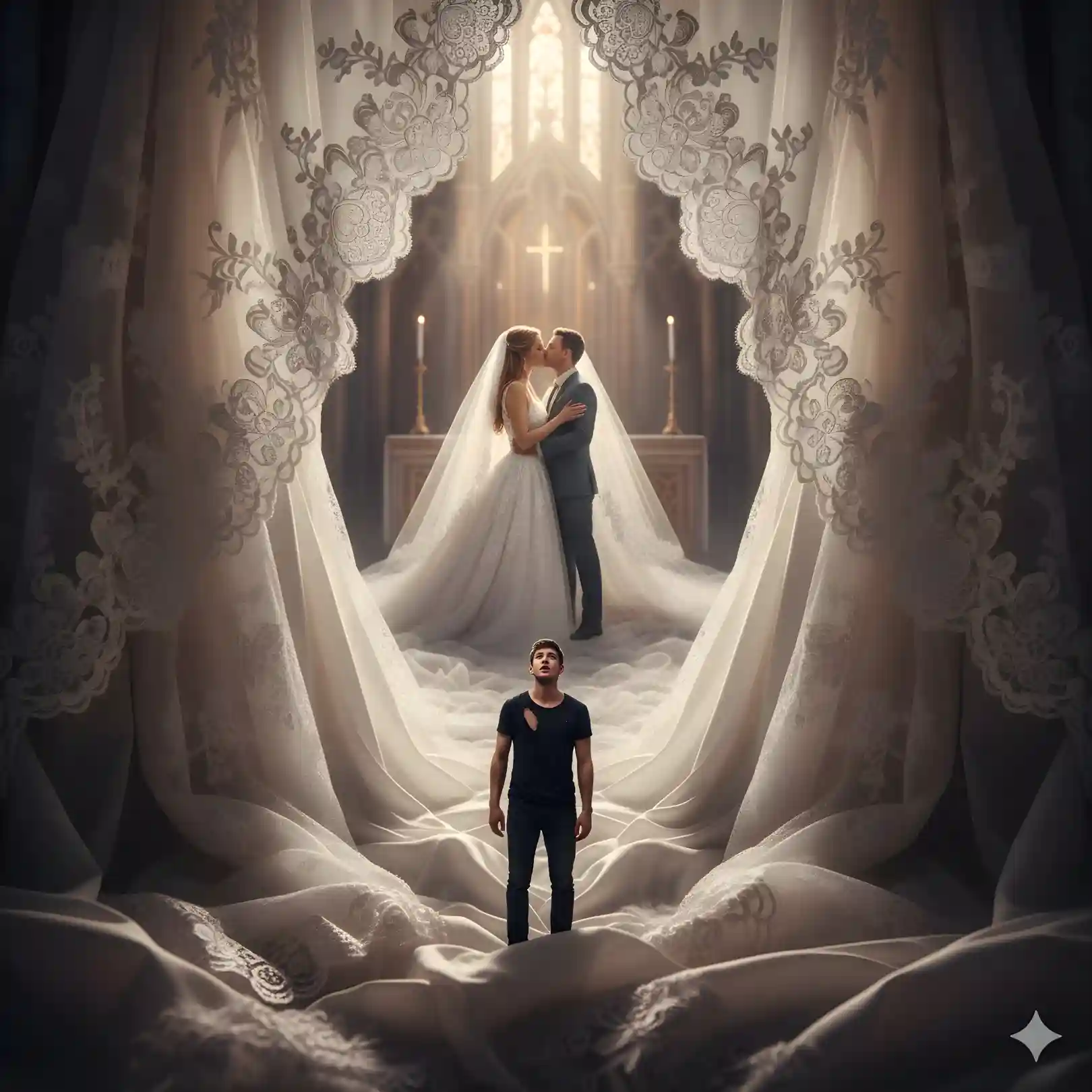 Trending alone boy prompt for Gemini for lonely boy prompt Instagram, showing a man in an abandoned wedding dress.