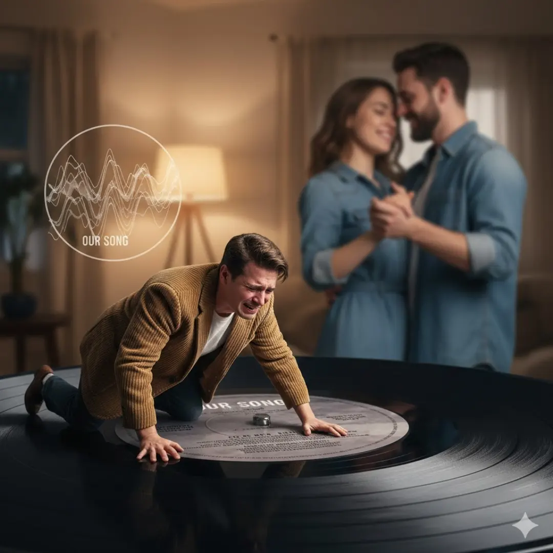 Love failure photo download prompt for Gemini showing sad boy on a vinyl record. Represents Tenacity and Relentless self-improvement.
