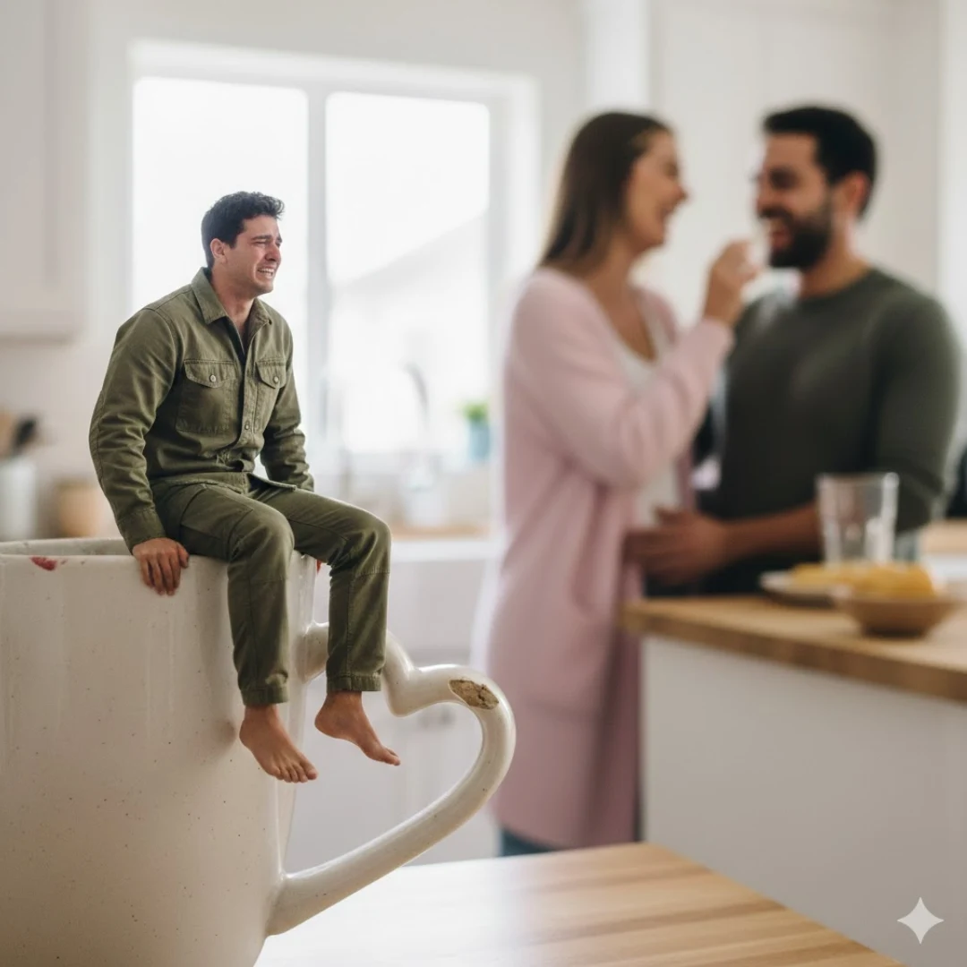Best Sad prompt for Gemini love image showing miniature man's agony on a coffee mug, designed for Empowerment and Resilience.