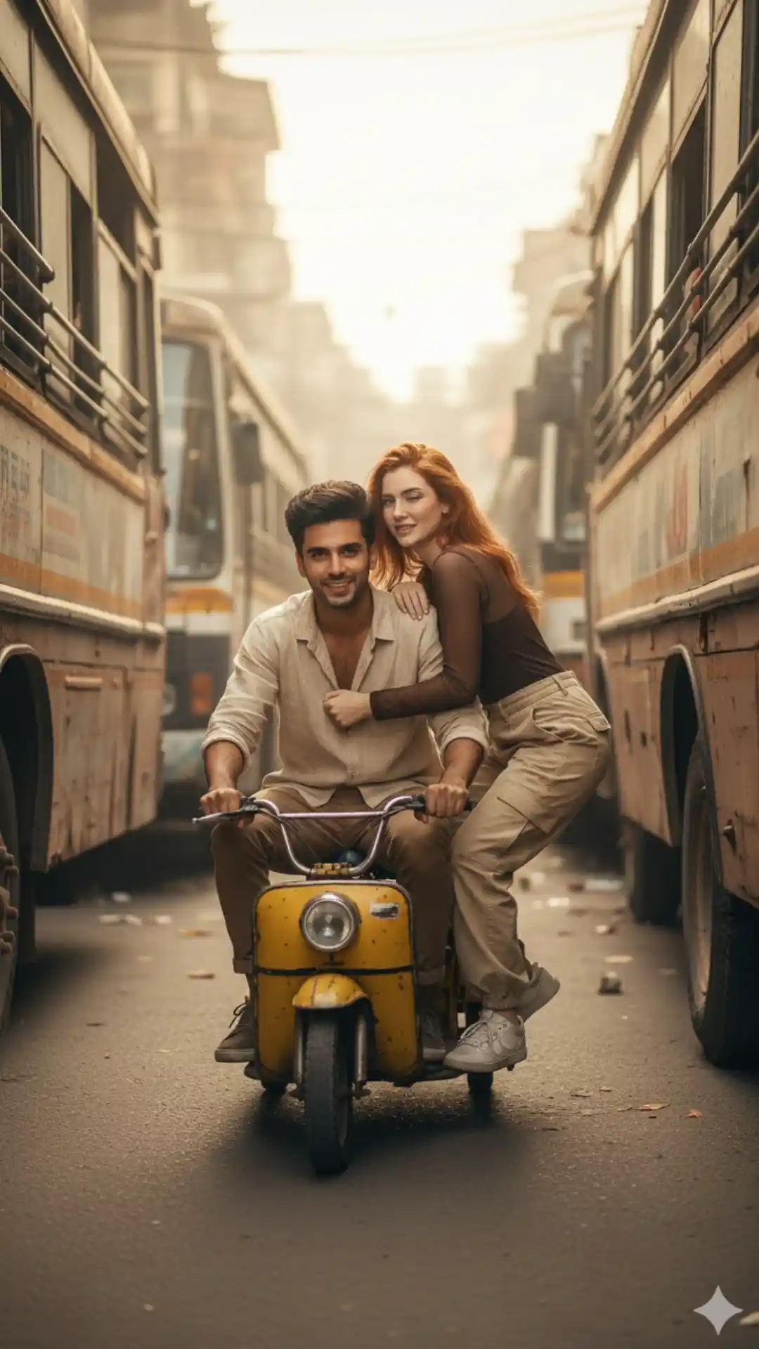 Best Gemini Gen Z couple Prompt for cinematic zoomer style toy rickshaw traffic jam.