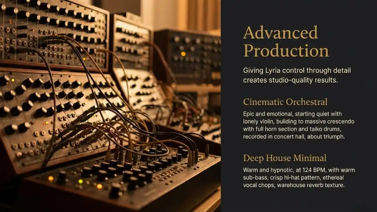 An instructional visual explaining the unique search capabilities of the Google music ecosystem. It shows how to use Gemini to find a song by describing the mood or lyrics, utilizing the deep integration between Google Search and the Lyria 3 music model.