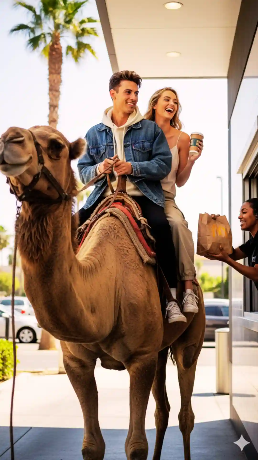 Trending Gen Z couple Image Prompts for modern couple image generation using Gemini AI camel drive thru.