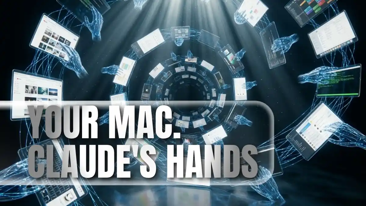 Anthropic Claude computer access Mac setup showing AI controlling Mac screen - Claude Desktop computer use with circuit hand reaching toward floating code display